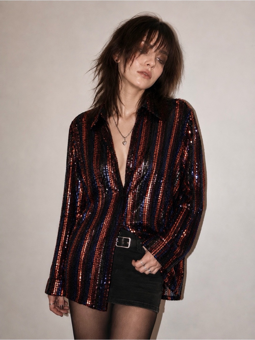 Zara The Abbey Sequined Striped Button-Down Shirt in Black and Copper, SZ S NWOT